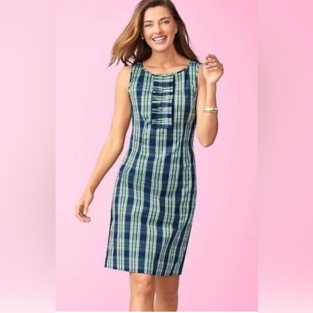 Talbots Cotton Blend Sheath Dress Blue Green Plaid Sleeveless Ruffle Stretch, 12